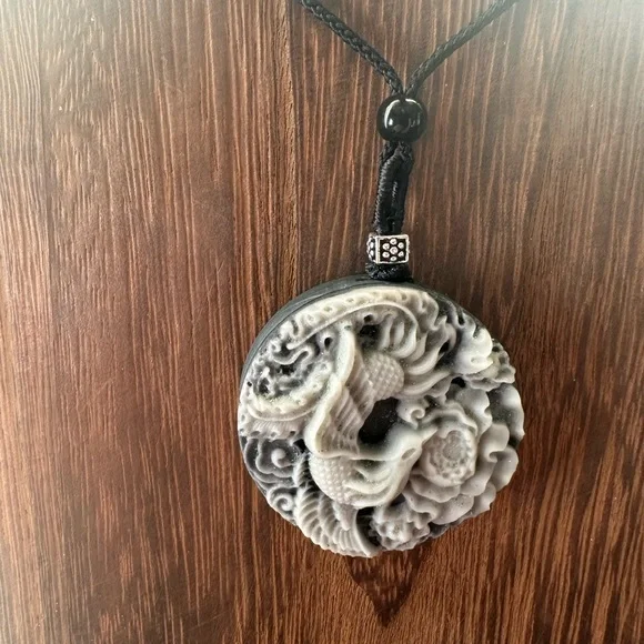 Tai Chi Stone Phoenix an Dragon Pendant Necklace on Black Adjustable Rope - Picture 7 of 13